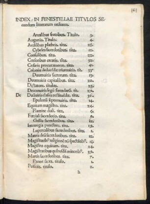 Index/ In Fenestellae Titulos ...