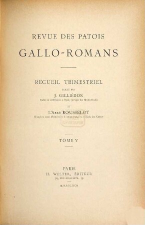 Revue des patois gallo-romans : recueil trimestriel. 5. 1892