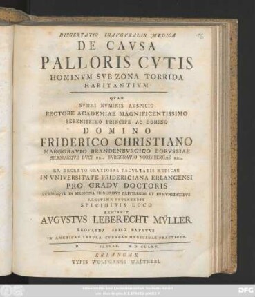 Dissertatio Inavgvralis Medica De Cavsa Palloris Cvtis Hominvm Svb Zona Torrida Habitantivm : D. Ianvar. MDCCLXV.
