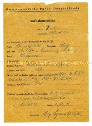 Aufnahmeantrag für die KPD von Max Synnatzschke