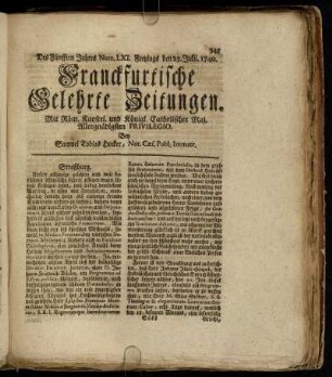 Num. LXI. Freytags den 29. Julii. 1740 - Num. LXX. Diestags den 30. Augusti. 1740