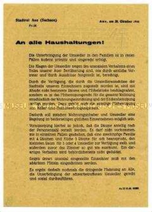 Appell des Oberbürgermeisters von Aue zur angemessenen Unterbringung von Umsiedlern