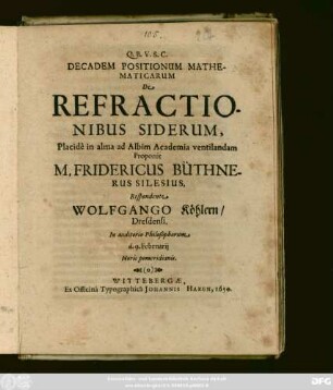 Decadem Positionum Mathematicarum De Refractionibus Siderum