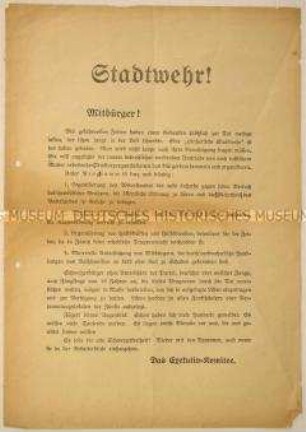 Flugblatt mit dem Aufruf des Exekutiv-Komitees zur Bildung einer Bürgerwehr in Zürich gegen die revolutionären Bestrebungen der "Bolschewisten"