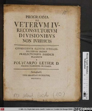 Programma De Vetervm Ivreconsvltorvm Divisionibvs Non Ivridicis : Consentiente Illvstri Ivreconsvltorvm Ordine Praelectionibvs Ivridicis Praemissvm