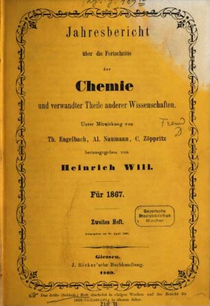 Jahresbericht über die Fortschritte der Chemie und verwandter Teile anderer Wissenschaften, 1867,2