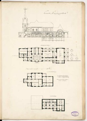 Bahnhof im Gebirge Monatskonkurrenz Februar 1893: Grundriss Keller, Erdgeschoss, Obergeschoss, Längsschnitt; Maßstabsleiste