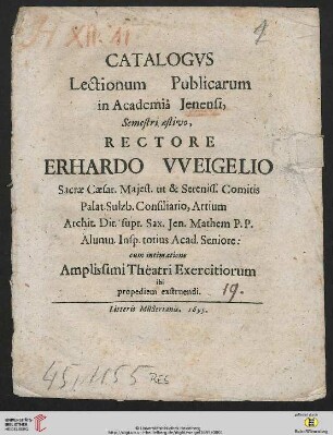 Catalogvs Lectionum Publicarum in Academia Jenensi, Semestri aestivo : cum intimatione Amplissimi Theatri Exercitiorum ibi propediem exstruendi