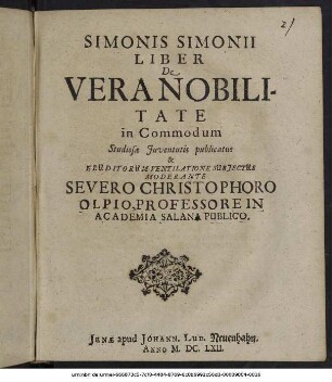 Simonis Simonii Liber De Vera Nobilitate
