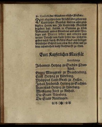 Confessio des Glaubens etlicher Fürsten.
