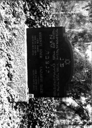 Grabstein 8 (Index: 100106111) Material: Granit Zustand: gut Maße HxBxT: 103x107x16 cm Beschreibung: Stele, breit, Sockel, eingezogener Segmentbogenabschluß Symbolik: Davidstern Besonderheit: Doppelgrab: Grabstein 8