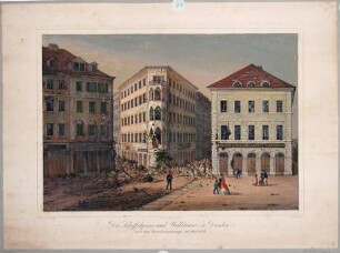Zerstörte Häuser und Barrikaden nach dem Maiaufstand 1849 in Dresden, links der Eingang in die Scheffelgasse von der Wallstraße östlich des Postplatzes