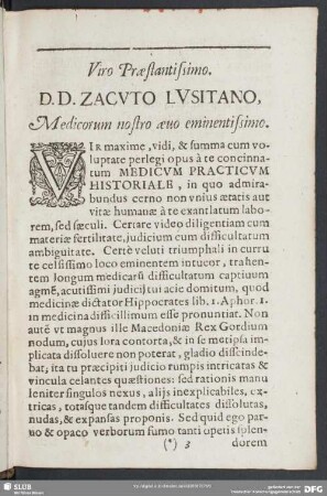 Viro Praestantissimo D. D. Zacuto Lusitano, Medicorum nostro aeuo eminentissimo