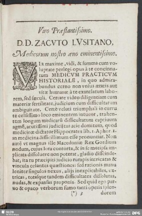 Viro Praestantissimo D. D. Zacuto Lusitano, Medicorum nostro aeuo eminentissimo