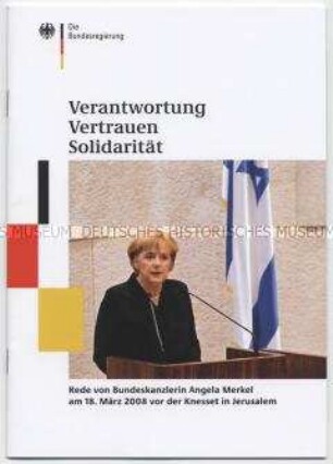Broschüre mit dem Wortlaut der Rede von Bundeskanzlerin Merkel vor der Knesset in Jerusalem am 18. März 2008