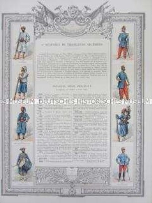 Uniformdarstellung, Uniformen von Soldaten des 2. Algerischen Schützen-Regiments und Zeittafel von Schlachten und Belagerungen mit Beteiligung dieses Regiments bzw. seiner Vorläufer, Frankreich, 1833-1893.