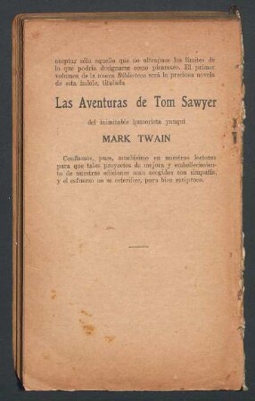 [Anuncio de la publicación Las aventuras de Tom Sawyer por Mark Twain]
