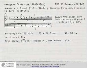 Sonata a 2 Corn. 2 Violin. Viola e Cembalo.