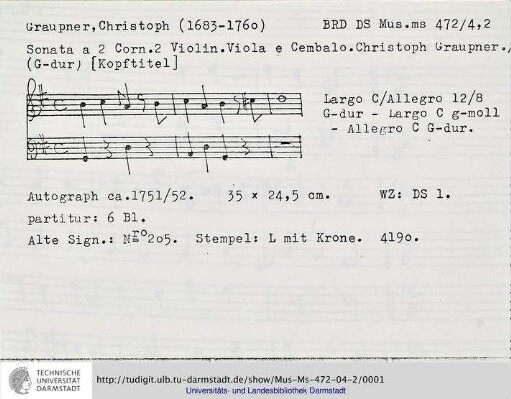 Sonata a 2 Corn. 2 Violin. Viola e Cembalo.