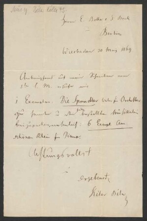 Brief an Musikverlag Ed. Bote und G. Bock (Berlin) : 30.05.1869