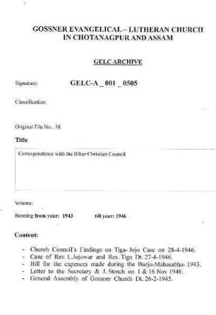 Correspondence with the Bihar Christian Council