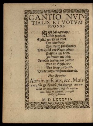 Cantio Nuptialis, Et Votum Sponsi.