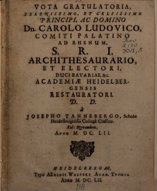 Vota Gratulatoria ... Carolo Ludovico Comiti Palatino