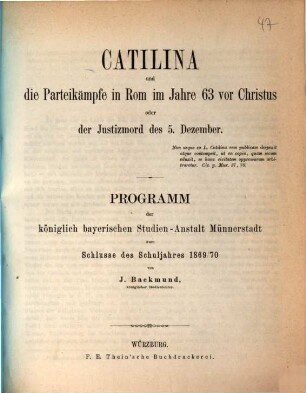 Programm zum Schlusse des Schuljahres ... an der Kgl. Bayer. Studienanstalt zu Münnerstadt. 1869/70