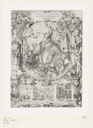 Bildnis Admiral Gaspar de Coligny in Kartusche, mit Szenen der Bartholomäusnacht