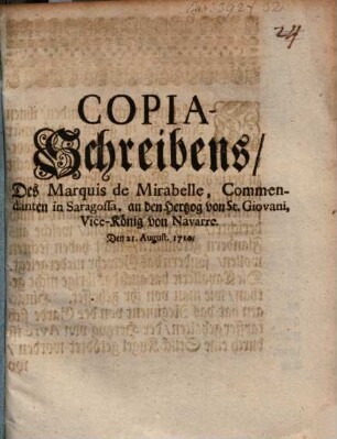 Copia Schreibens des Marquis de Mirabelle ... an den Herz. von St. Giovanni