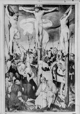 Altar: Mittelbild mit Kreuzigung, rechter Flügel mit Auferstehung Christi, linker Flügel mit Christus im Tempel, weiter Flügel mit der Vorstellung der Verkündigung