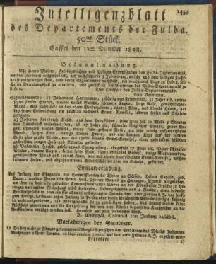 50tes Stück. Cassel den 12ten December 1808