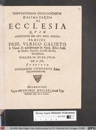 Disputationum Theologicarum Decimatertia De Ecclesia