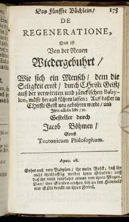 Das fünffte Büchlein. De Regeneratione, Das ist Von der Neuen Wiedergebuhrt.