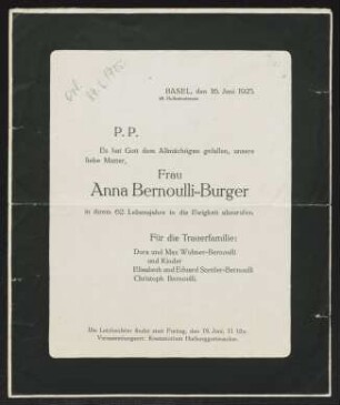 Brief von Dora Bernoulli, Elisabeth Bernoulli und Christoph Bernoulli an Gerhart Hauptmann und Margarete Hauptmann