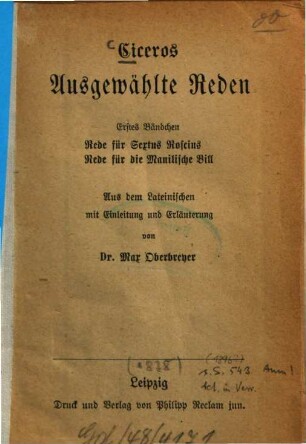 Ciceros Ausgewählte Reden, 1. Rede für Sextus Roscius