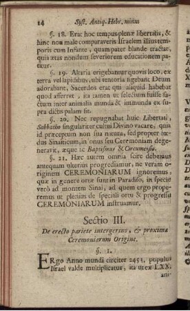 Sectio III. De erecto pariete intergerino, & proxima Ceremoniarum Origine