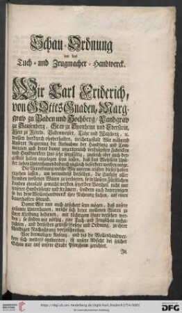 Schau-Ordnung vor das Tuch- und Zeugmacher-Handwerck : [Gegeben Carlsruhe den 28. August des Jahres 1754.]