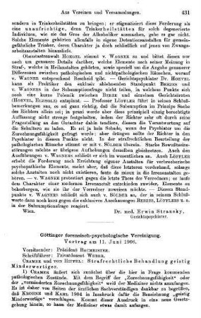 431-435, Göttinger forensisch-psychologische Vereinigung. Vortrag am 11. Juni 1906