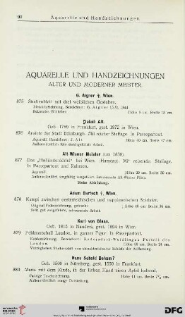 Aquarelle und Handzeichnungen alter und moderner Meister (Nr. 875-947)