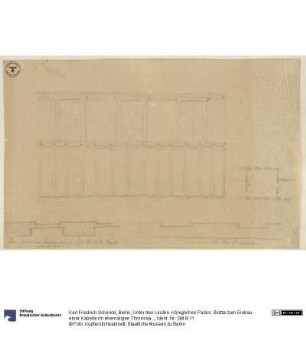 Berlin, Unter den Linden. Königliches Palais. Skizze zum Einbau einer Kapelle im ehemaligen Thronsaal der Königin Luise. Grundriss des Saales, Wandaufriss und Wandschnitte