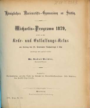 Michaelis-Programm : womit zu dem Rede- und Entlassungs-Actus ... ehrerbietigst und ergebenst einladet. 1878/79