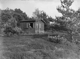 Junge Frau aus dem Fenster eines Bungalows schauend