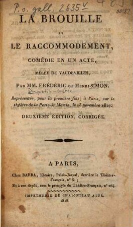 La brouille et le raccommodement : Comédie en un acte, mêlée de vaudevilles