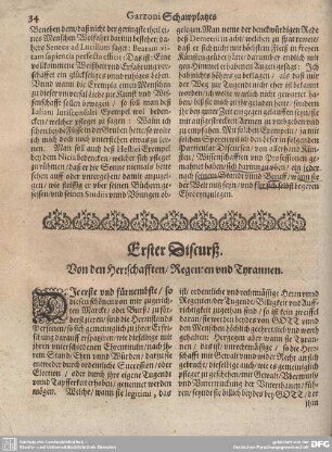 Erster Discurß. Vonden Herrschafften/ Regenten und Tyrannen.
