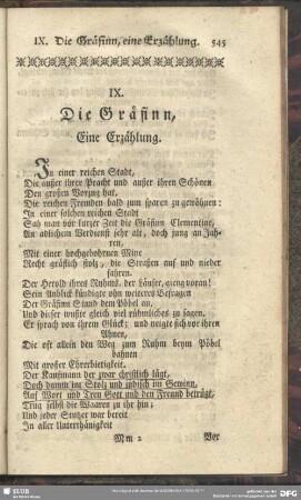 IX. Die Gräfinn, Eine Erzählung