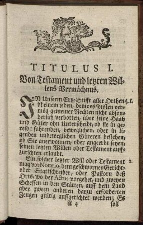 Titulus I. Von Testament und letzten Willens-Vermächnus