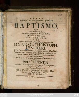 Dispvtatio Inavgvralis Ivridica De Baptismo