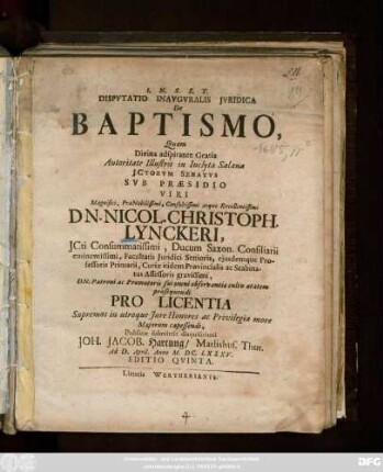 Dispvtatio Inavgvralis Ivridica De Baptismo