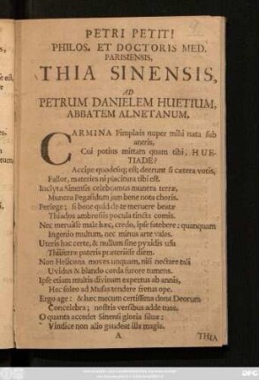 [Petri Petiti Philosophi & Doctoris Medici Parisiensis Thea Sive de Sinensi herba Thee : Carmen ad Petrum Danielem Huetium]
